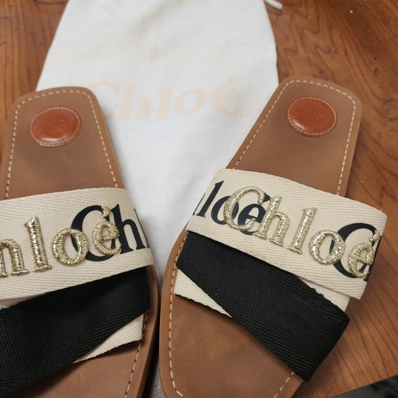 Chloe Shoes - Chloe Woody Logo-embroidered Canvas Slides in Cream (Natural) Size 41